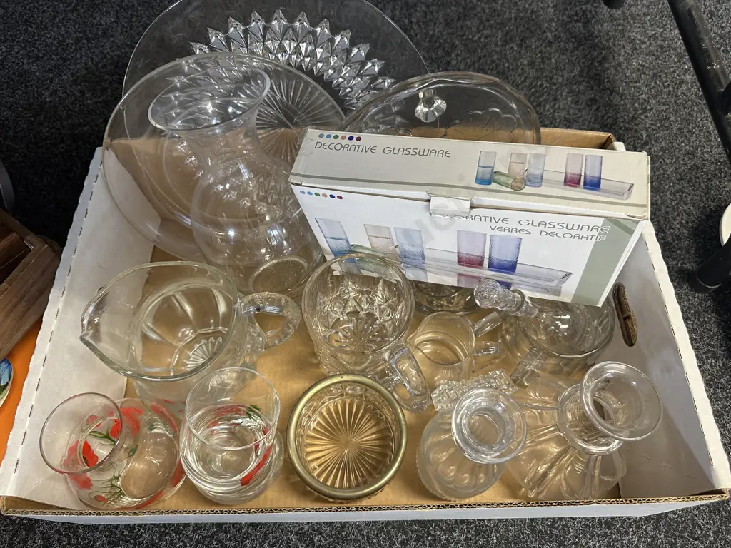 Box Lot Of Glassware Including Platters, Vases Etc Image 1++