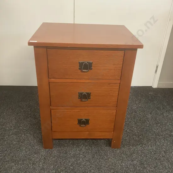 Oak 3 Drawer Bedside Cabinet With Black Metal Drop Handles. H71 W54 D44cm