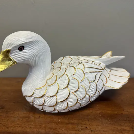 Ornamental Wooden White & Gold Detailed Duck