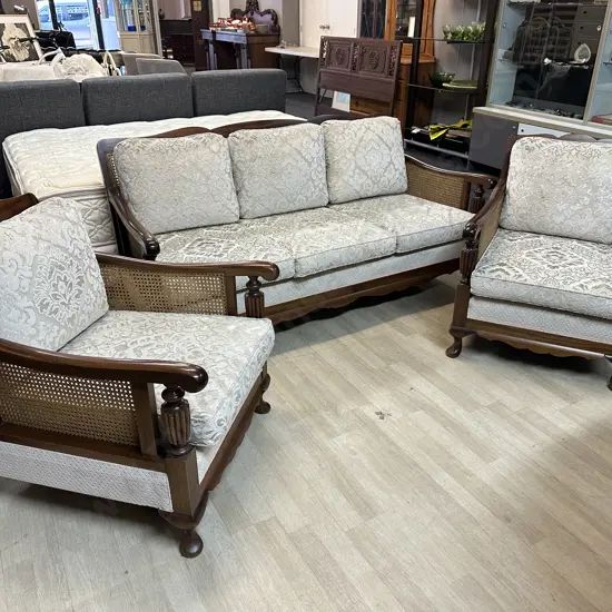 Mahogany Framed Bergere Lounge Suite With Cream Upholstery
