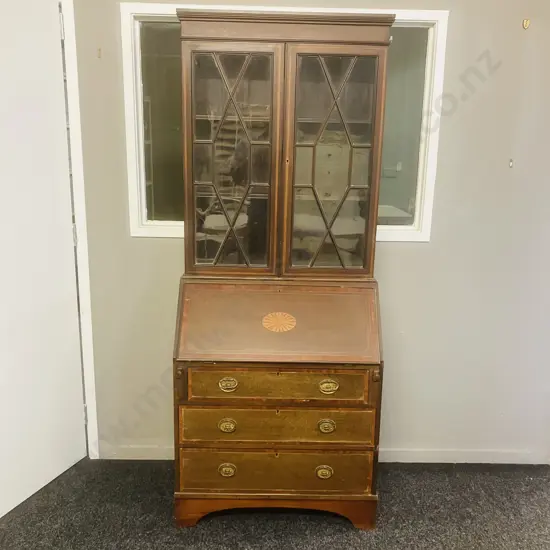 Edwardian Inlaid Mahogany Drop Front Secretary With Bookcase, 2 Piece. H183 W74.5 D42cm (No Key)