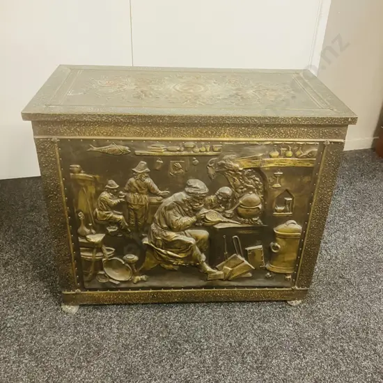 Brass Repousse Highly Ornate Brass Large Fire Coal Box With Liner, Claw Feet, Handles To The Side. H63.5 W77 D40cm