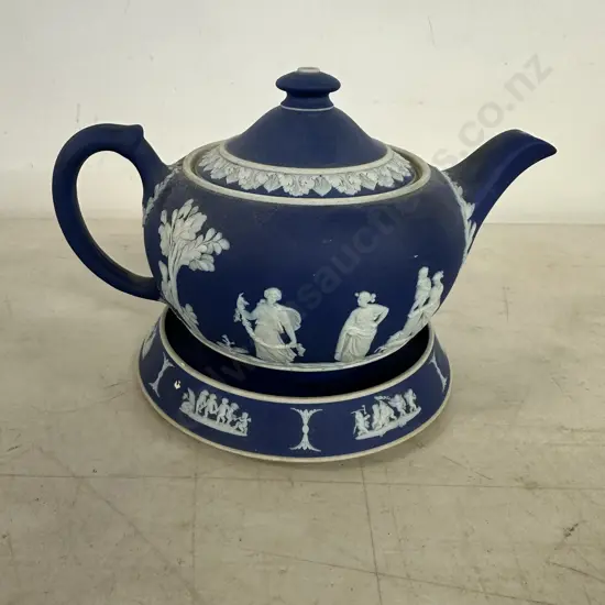 Vintage Wedgwood Cobalt Blue Jasperware Teapot & Trivet