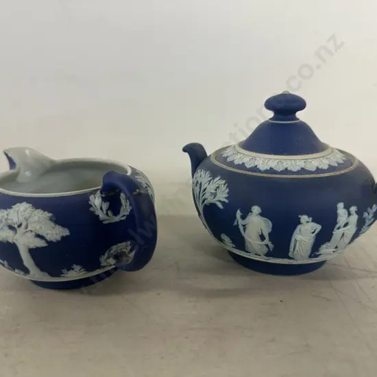 Vintage Wedgwood Cobalt Blue Jasperware Sugar Bowl & Creamer (af)