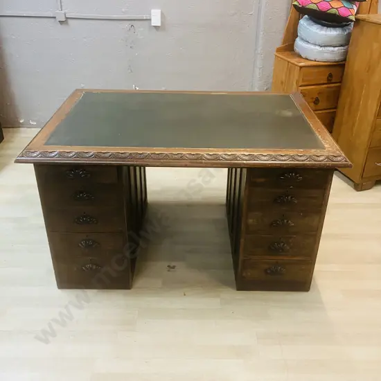 Victorian Oak Double Pedestal Partners Desk, Black Inlaid Top. 10 Drawers, Wooden Shell Drawer Pulls. H77 W140 D94cm