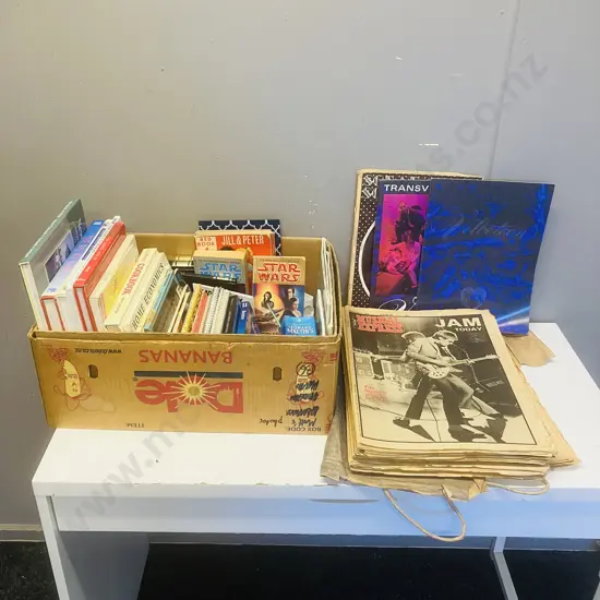 Box lot Books, Assorted 70s & 80s Musical Express Magazines Etc