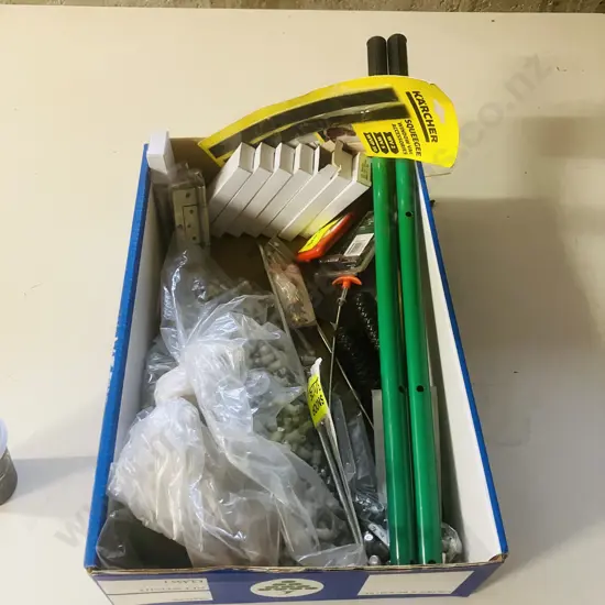 Box Of Sundries Including Hinges, Clock Weights Etc