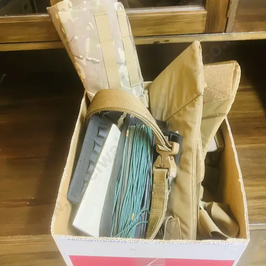 Box Lot Twin Needle (New Zealand Made) Riggers Belt, Shooting Mat, Radio Items Etc