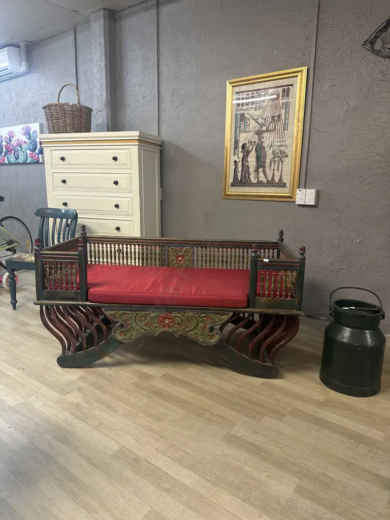 Vintage Teak HOWDAH Elephant Chair, Carved Front & Rear Panels, Turned Spindle Surround & Finials. H78 W150 D74cm Image 1++