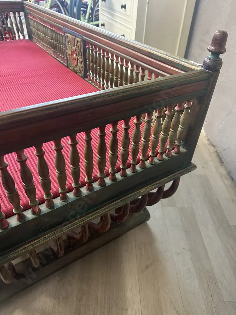 Vintage Teak HOWDAH Elephant Chair, Carved Front & Rear Panels, Turned Spindle Surround & Finials. H78 W150 D74cm Image 1++