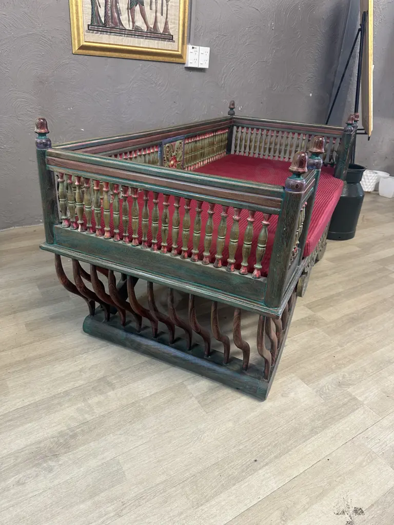 Vintage Teak HOWDAH Elephant Chair, Carved Front & Rear Panels, Turned Spindle Surround & Finials. H78 W150 D74cm Image 1++