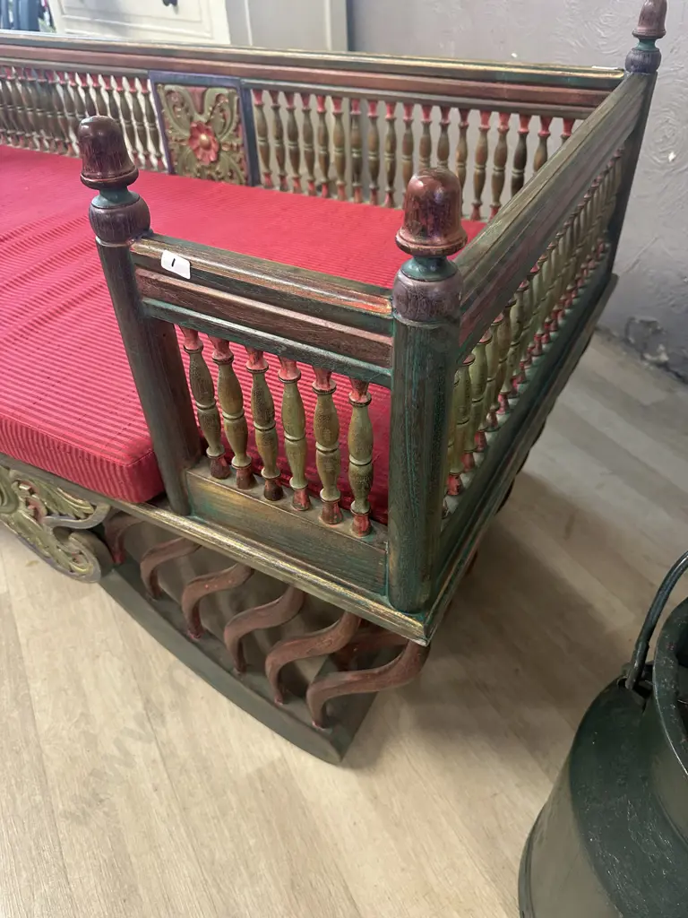 Vintage Teak HOWDAH Elephant Chair, Carved Front & Rear Panels, Turned Spindle Surround & Finials. H78 W150 D74cm Image 1++