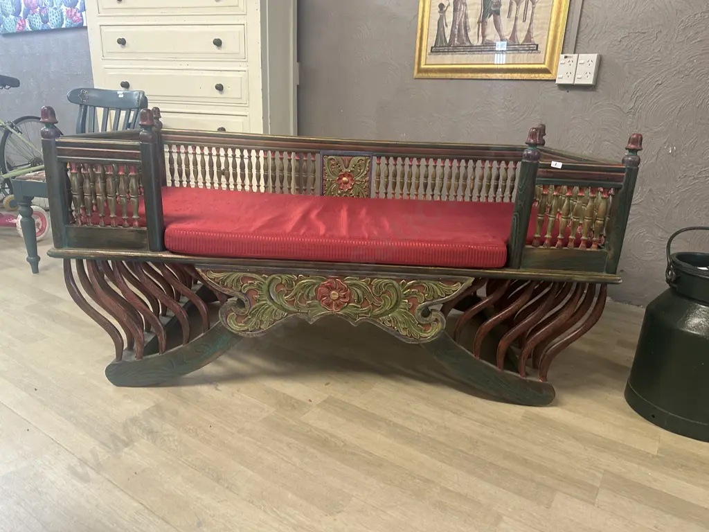 Vintage Teak HOWDAH Elephant Chair, Carved Front & Rear Panels, Turned Spindle Surround & Finials. H78 W150 D74cm Image 1++
