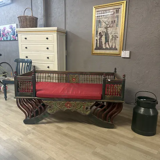 Vintage Teak HOWDAH Elephant Chair, Carved Front & Rear Panels, Turned Spindle Surround & Finials. H78 W150 D74cm