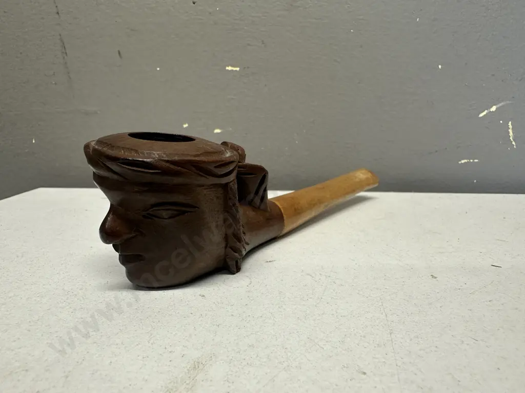 Vintage Hand Carved Wooden Face Design Pipe With All Wood Stem Image 1++