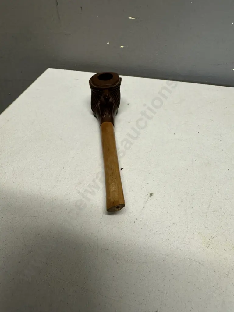Vintage Hand Carved Wooden Face Design Pipe With All Wood Stem Image 1++