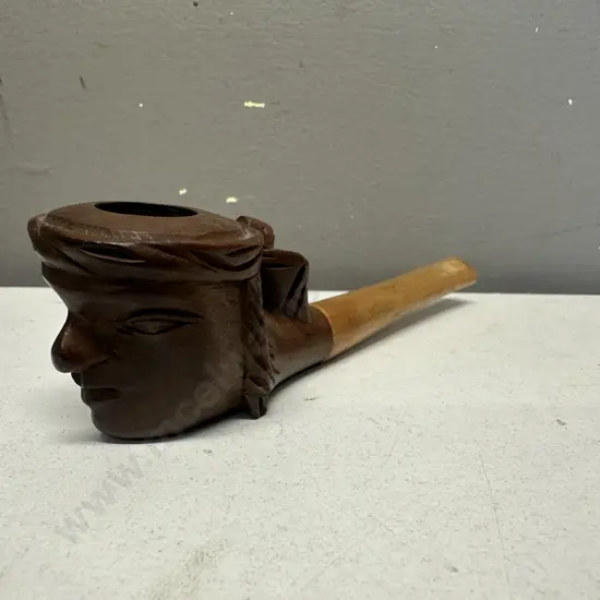Vintage Hand Carved Wooden Face Design Pipe With All Wood Stem