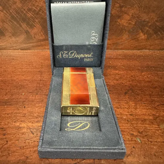 Vintage S.T. Dupont Paris Lighter Gold Plated With Brown Lacquer Finish In Presentation Box With Documentation