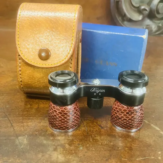 Mid-20th Century Mignon 3 X Opera Glasses With Case & Original Box, Imitation Snakeskin J-B19 - Japan
