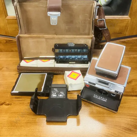 Vintage 1970’s Polaroid SX-70 Land Camera With Leather Case, Flash Bars, Tripod Mount Etc