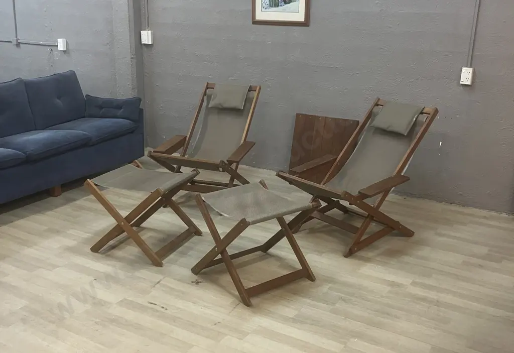 Pair of 'Bottoms Up' NZ Made Hardwood Deck Chairs With Foot Stools, Fawn Colour Upholstered With One Table Top Image 1++