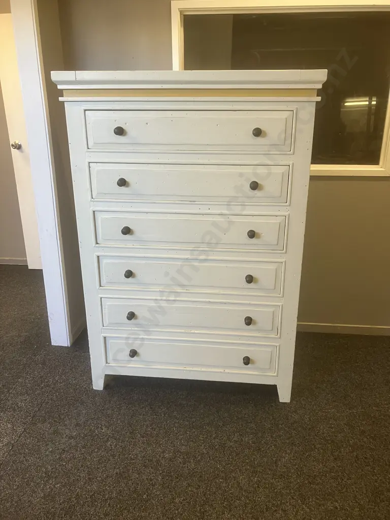 Shabby Chic 6 Drawer Tallboy, Rustic Metal Handles. H150 W106 D50cm Image 1++