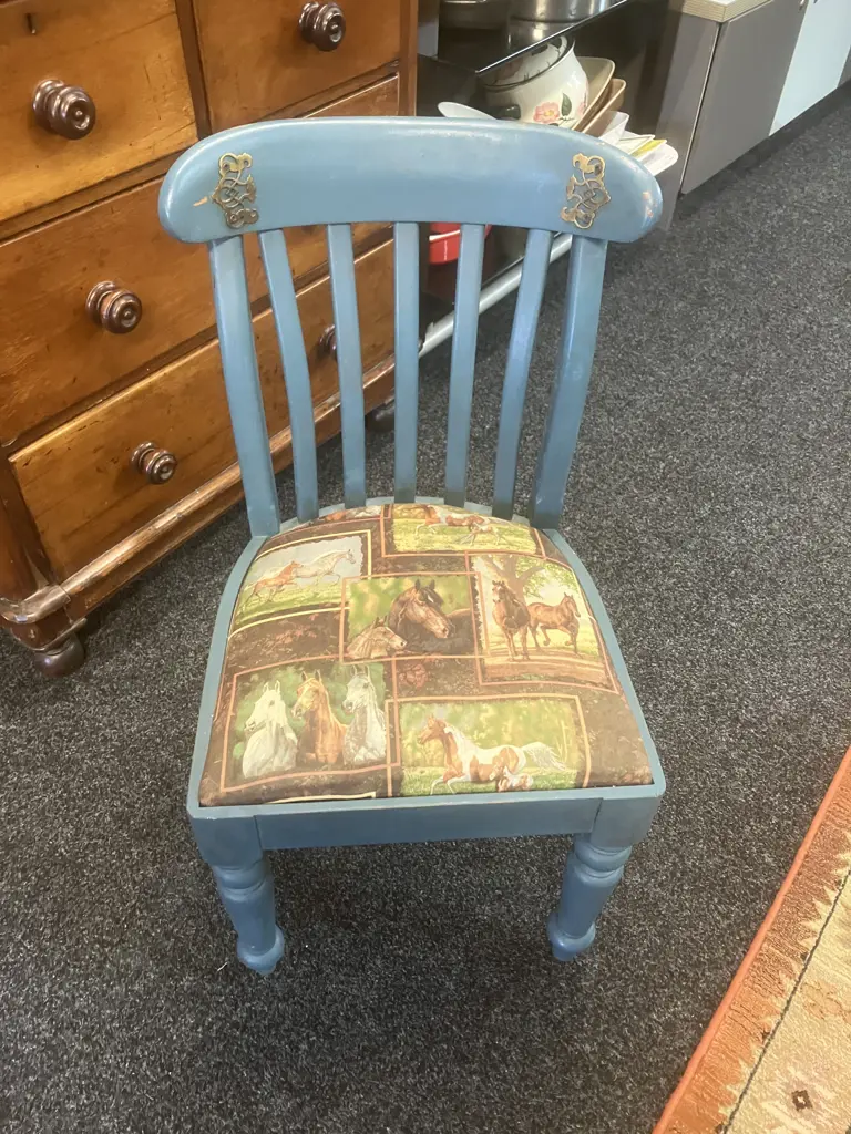 HOBBS Handmade New Zealand Blue Painted Side Chair With Brass Detailing & Horses Pattern Fabric. H83 W43 D45cm Image 1++