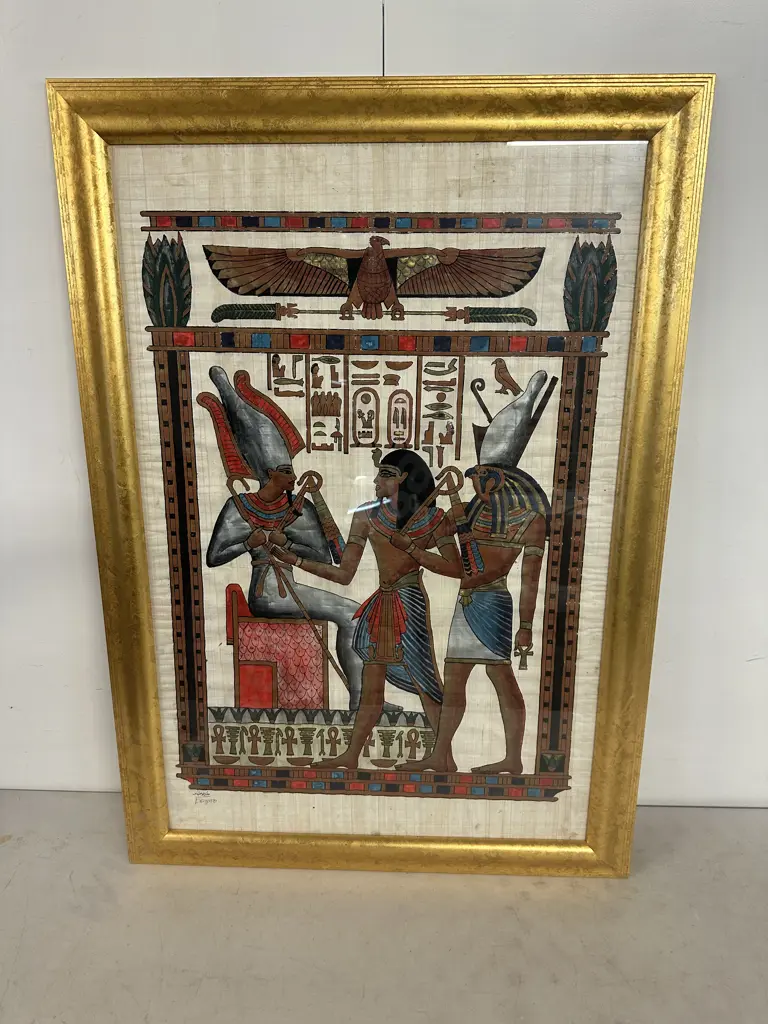 Gilt Framed Hand Painted Egyptian Papyrus Artwork 98x70cm. Image 1++