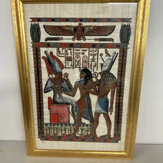 Gilt Framed Hand Painted Egyptian Papyrus Artwork 98x70cm.