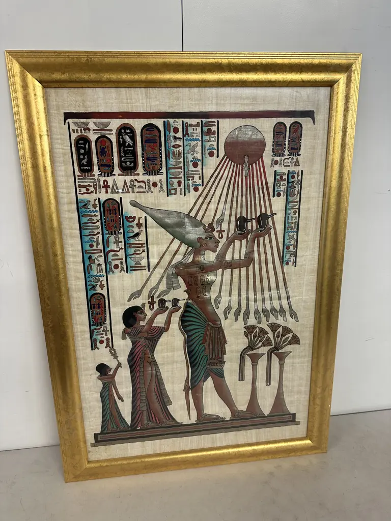 Gilt Framed Hand Painted Egyptian Papyrus Artwork 98x70cm. Image 1++