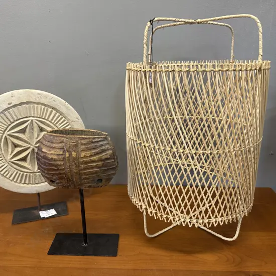 Bear & Fox Handmade Delilah Lamp Shade. 50 x 30cm & Handcrafted Chapati On a Stand, Wooden Basket On Stand