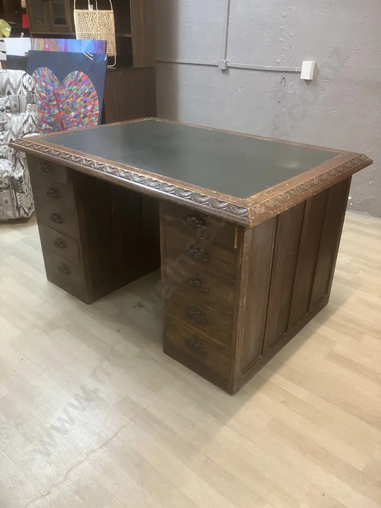 Victorian Oak Double Pedestal Partners Desk, Black Inlaid Top. 10 Drawers, Wooden Shell Drawer Pulls. H77 W140 D94cm Image 1++