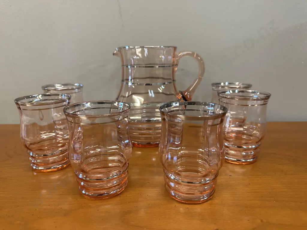 Art Deco Blush Pink Glass Pitcher & Tumblers x6 Ribbed Detail Image 1++
