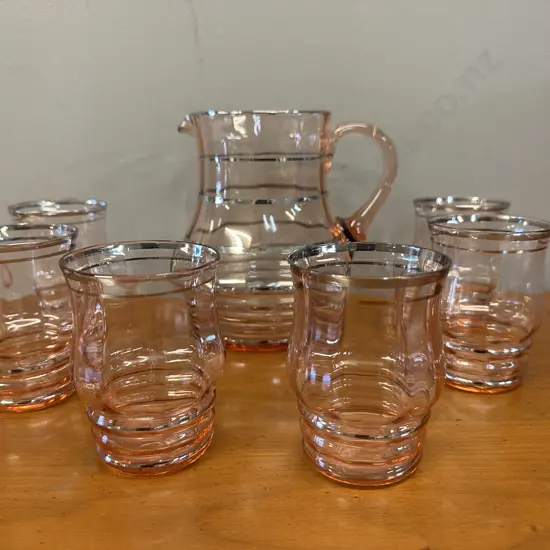 Art Deco Blush Pink Glass Pitcher & Tumblers x6 Ribbed Detail