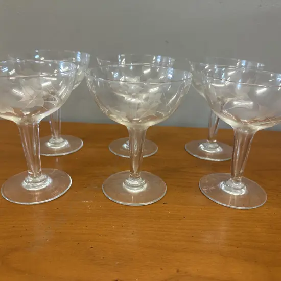 Set Of Six Vintage Crystal Hollow Stem Champagne Glasses