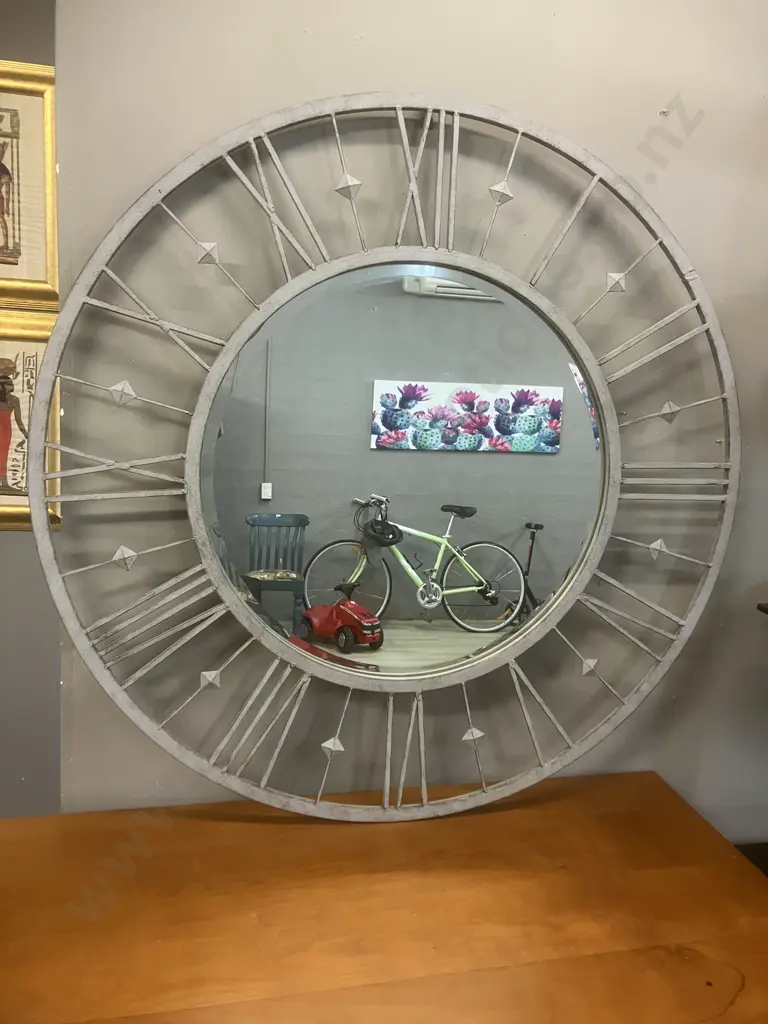 Large Steel Roman Numeral Clock Framed Wall Mirror. Dia 97cm Image 1++