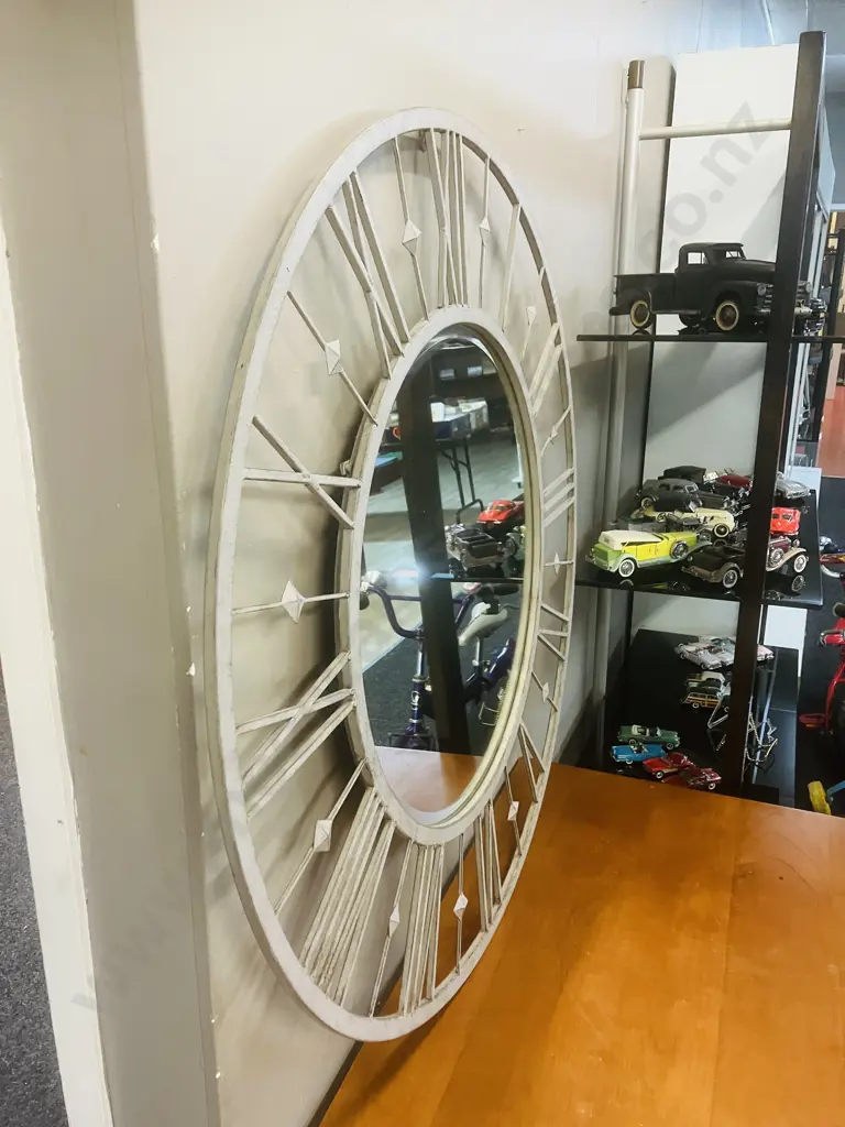 Large Steel Roman Numeral Clock Framed Wall Mirror. Dia 97cm Image 1++