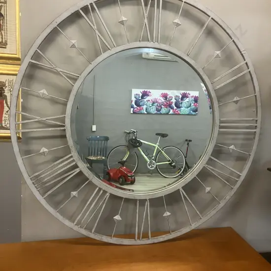 Large Steel Roman Numeral Clock Framed Wall Mirror. Dia 97cm