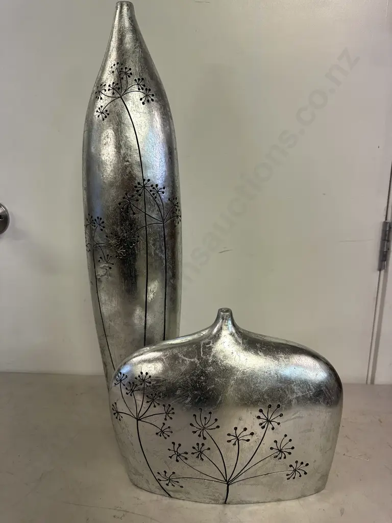 Decorative Vases x2 Silvered Coloured With Black Floral Detail H25.5 & H64cm. Image 1++