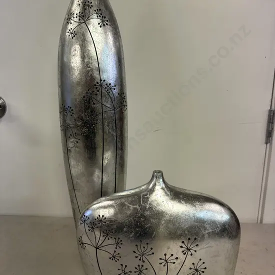 Decorative Vases x2 Silvered Coloured With Black Floral Detail H25.5 & H64cm.