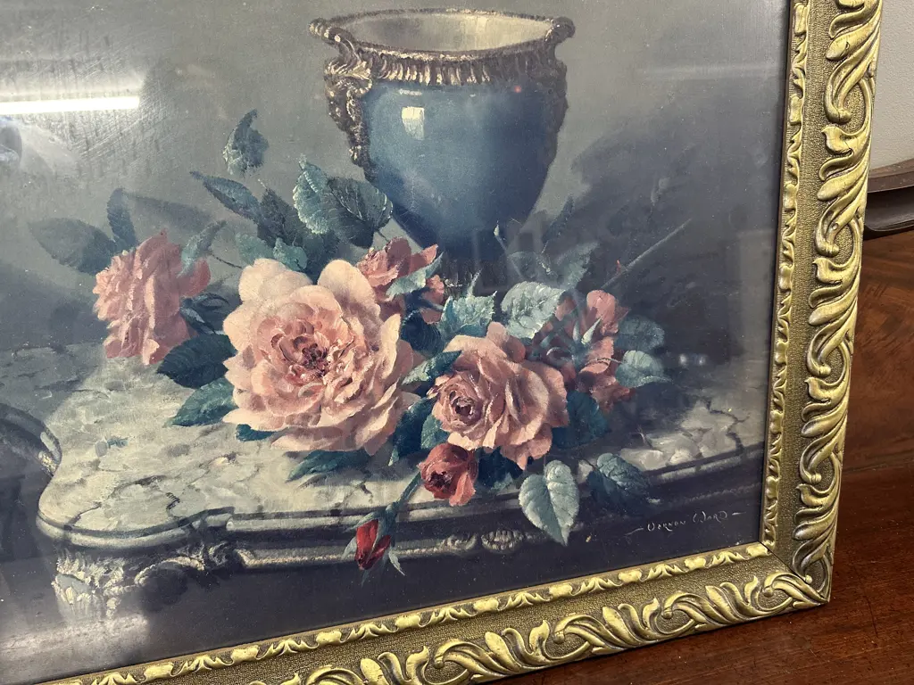 Vintage Vernon Ward Print Still Life Rose & Vase Gilt Frame 54x66cm. Image 1++