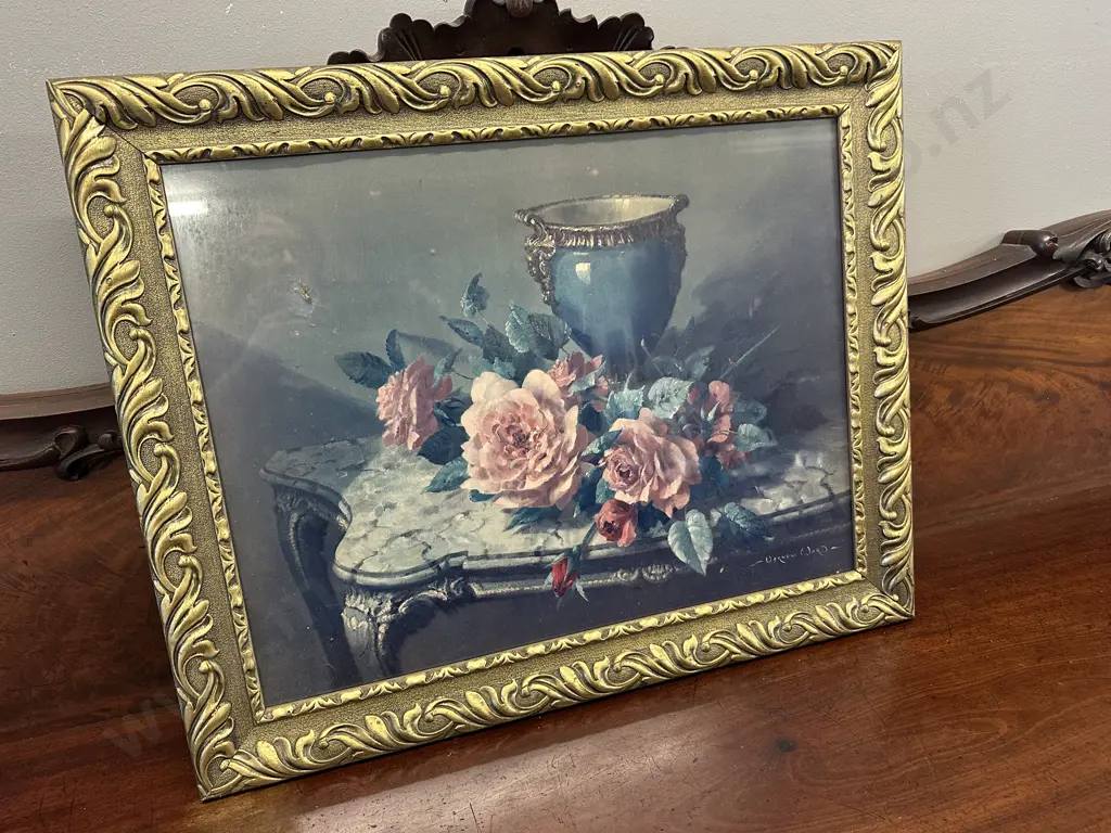 Vintage Vernon Ward Print Still Life Rose & Vase Gilt Frame 54x66cm. Image 1++