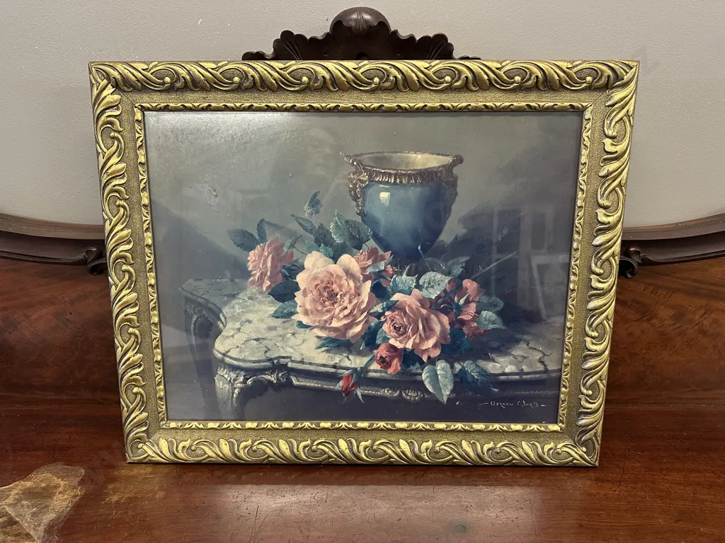 Vintage Vernon Ward Print Still Life Rose & Vase Gilt Frame 54x66cm. Image 1++