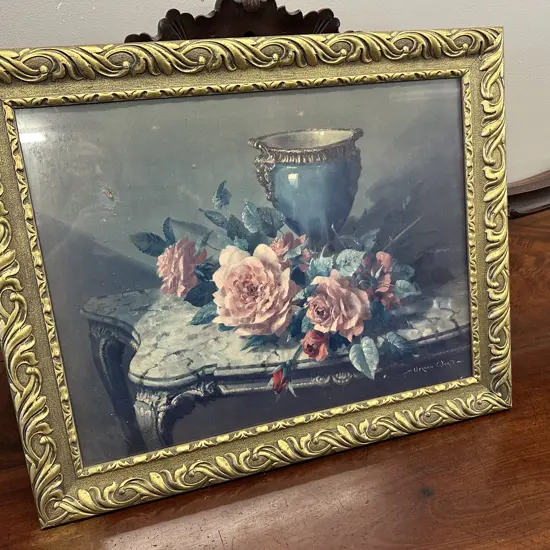 Vintage Vernon Ward Print Still Life Rose & Vase Gilt Frame 54x66cm.