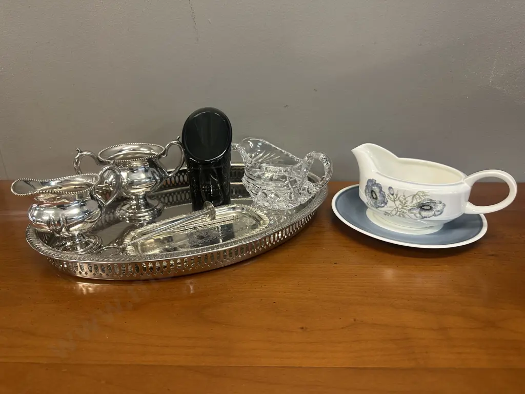 Selection Of Silver Ware Items, Art Glass Moet & Chandon Candle Holder & Wedgwood Gravy Boat & Under Plate Image 1++