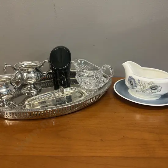 Selection Of Silver Ware Items, Art Glass Moet & Chandon Candle Holder & Wedgwood Gravy Boat & Under Plate