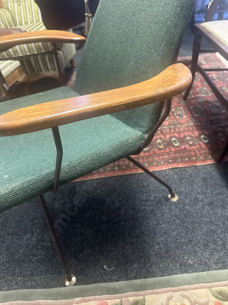 Mid-Century Green Upholstered Arm Chair With Mahogany Arms Image 1++