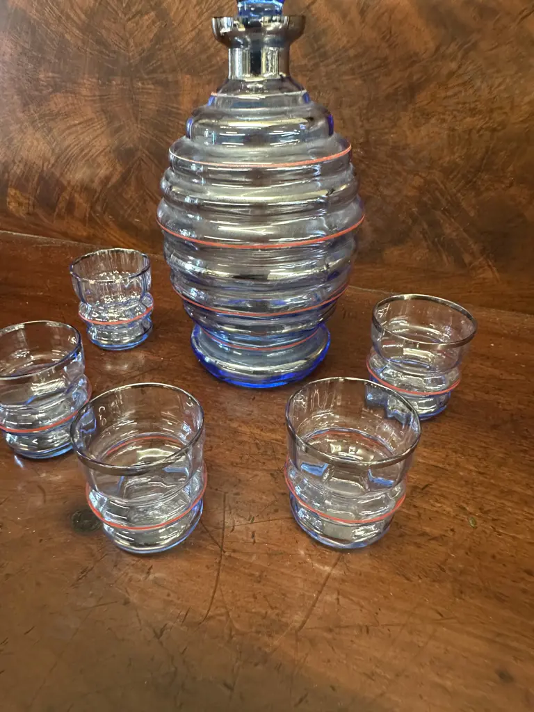 Vintage Blue & Pink Ring Detail Decanter & Five Glasses Image 1++