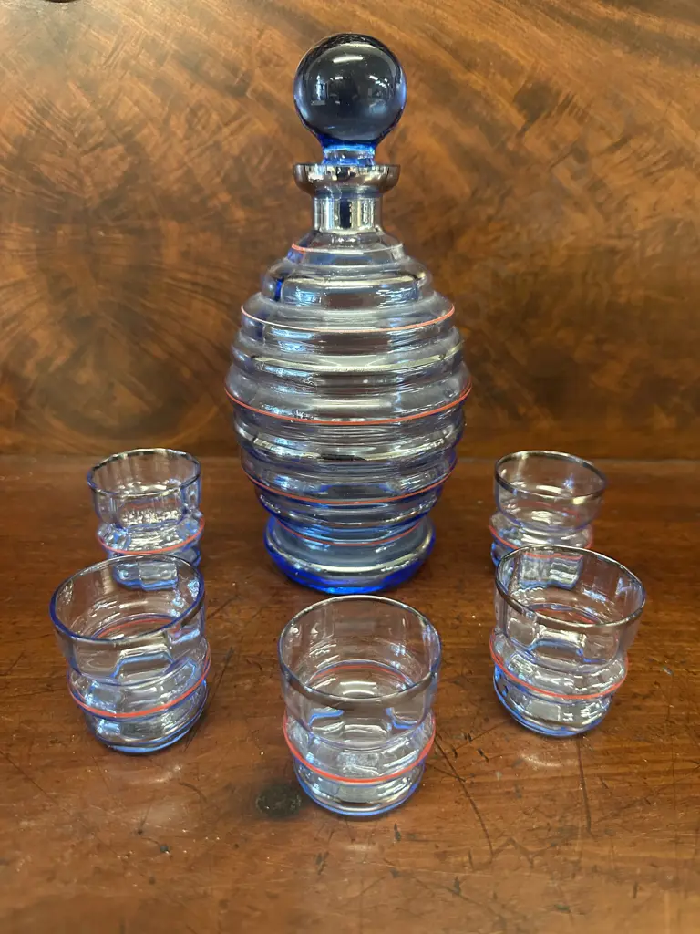 Vintage Blue & Pink Ring Detail Decanter & Five Glasses Image 1++