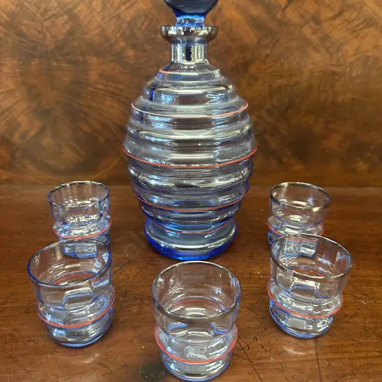 Vintage Blue & Pink Ring Detail Decanter & Five Glasses
